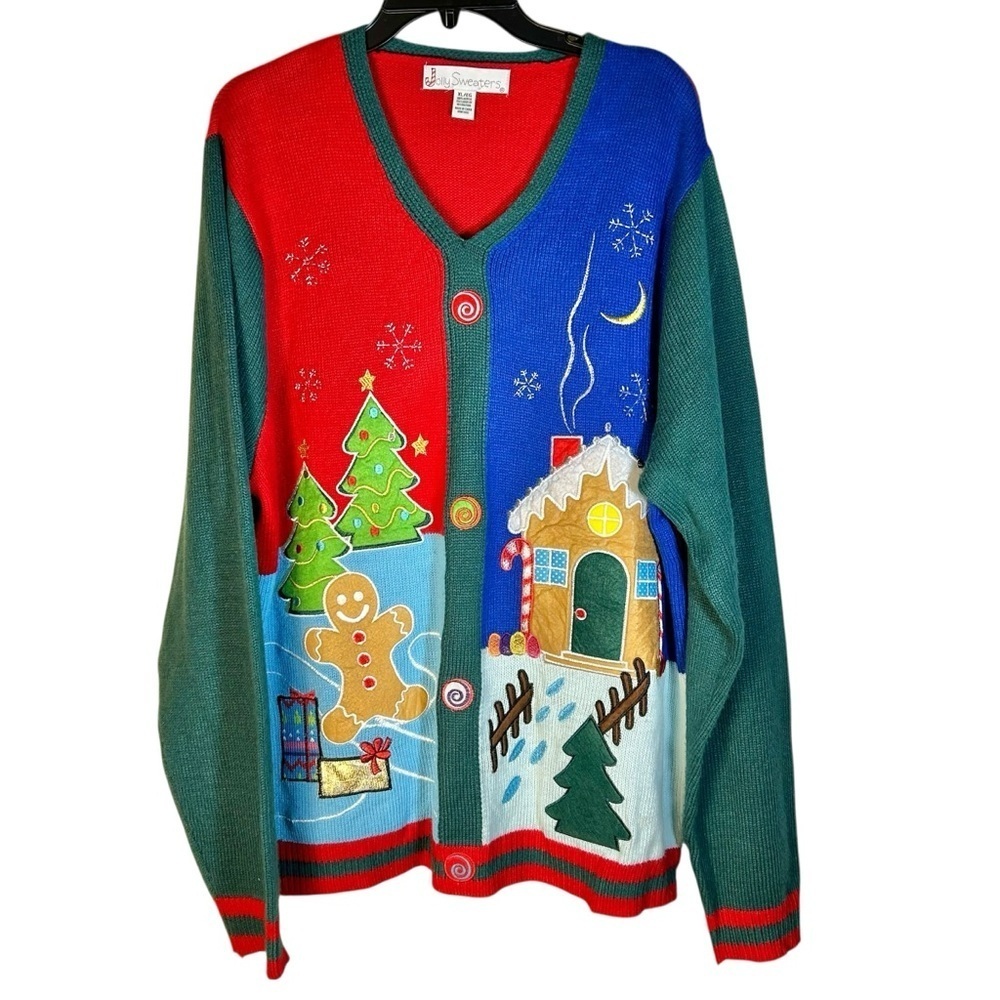 Jolly Sweater Women Size XL V-Neck Ugly Christmas Gingerbread House Holiday Tree